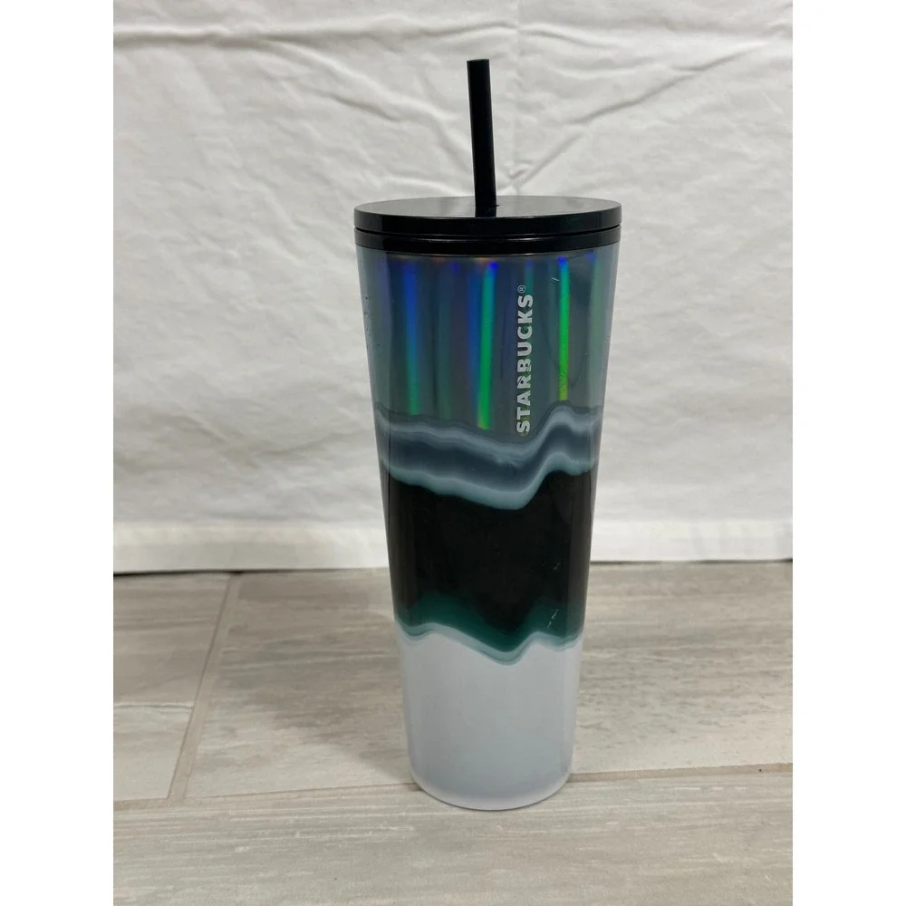 Starbucks 2020 Iridescent Wavy Agate Teal Black White 24oz Venti Cold Tumbler